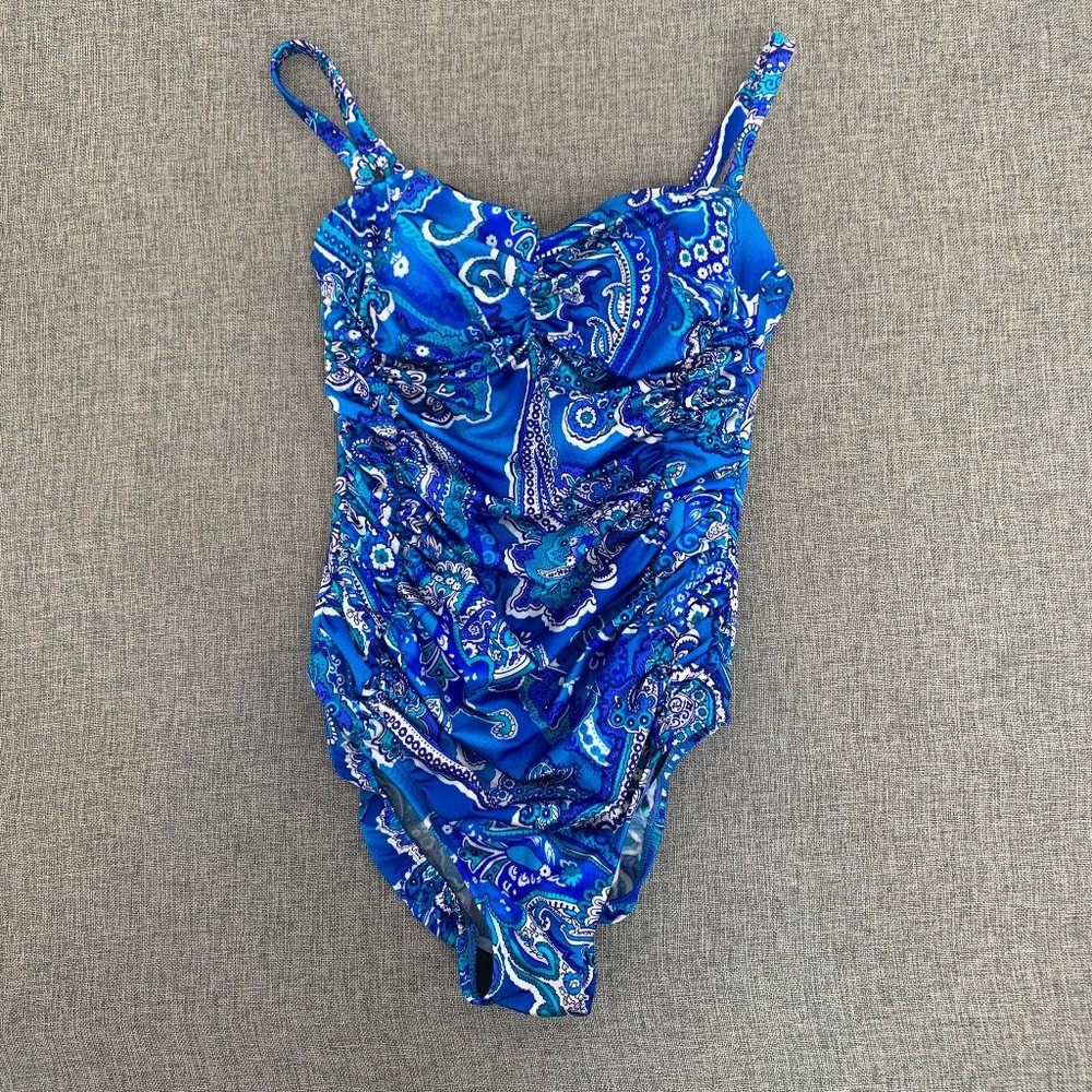 Robby Len Blue Ruched Swimsuit Size 2 Nylon Spandex‎ Built in Bra Paisley Print